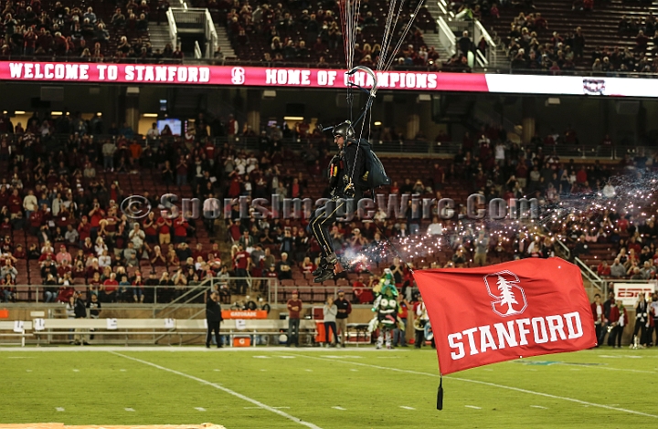 20181006StanfordUtah-005.JPG - Oct. 6, 2018; Stanford, CA.; Navy parachute team the Leap Frogs perform prior to an NCAA football game between the Stanford Cardinal and the Utah Utes at Stanford Stadium. Utah defeated Stanford 40-21. 