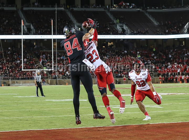 20181006StanfordUtah-020.JPG - Oct. 6, 2018; Stanford, CA.; Pass intended for Stanford tight end Colby Parkinson (84) is broken up by Utah defensive back Julian Blackmon (23) during an NCAA football game between the Stanford Cardinal and the Utah Utes at Stanford Stadium. Utah defeated Stanford 40-21. 