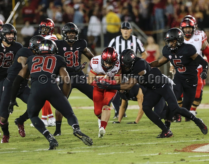 20181006StanfordUtah-023.JPG - Oct. 6, 2018; Stanford, CA.; Utah wide receiver Britain Covey (18) catches a 19-yard pass during an NCAA football game between the Stanford Cardinal and the Utah Utes at Stanford Stadium. Utah defeated Stanford 40-21. 