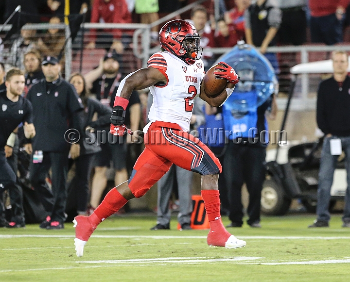 20181006StanfordUtah-025.JPG - Oct. 6, 2018; Stanford, CA.; Utah running back Zack Moss (2) runs for a 35-yard touchdown during the second quarter of an NCAA football game between the Stanford Cardinal and the Utah Utes at Stanford Stadium. Utah defeated Stanford 40-21. 