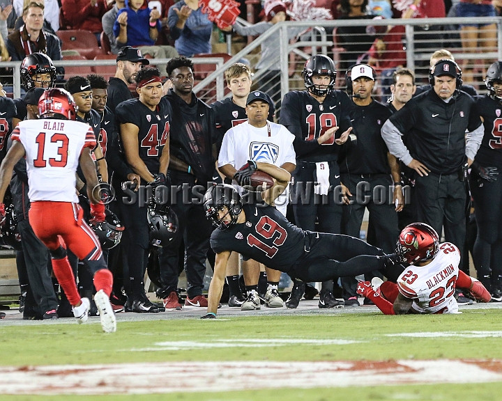 20181006StanfordUtah-026.JPG - Oct. 6, 2018; Stanford, CA.; Stanford wide receiver J.J. Arcega-Whiteside (19) makes a catch during an NCAA football game between the Stanford Cardinal and the Utah Utes at Stanford Stadium. Utah defeated Stanford 40-21. )