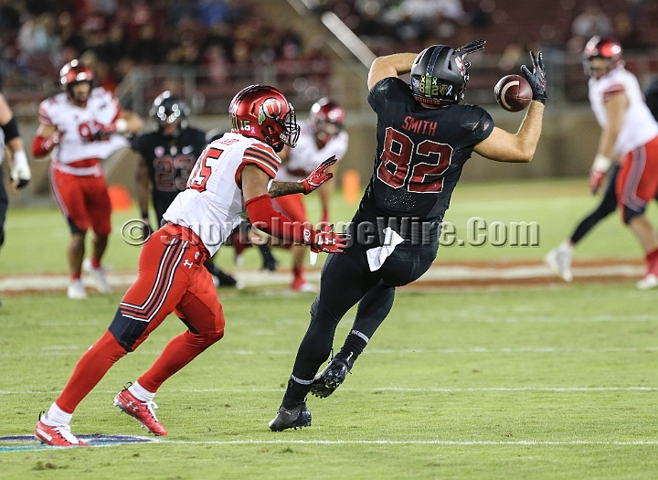 20181006StanfordUtah-035.JPG - Oct. 6, 2018; Stanford, CA.; Utah defensive back Corrion Ballard (15) is called for pass interference against Stanford tight end Kaden Smith (82) during an NCAA football game between the Stanford Cardinal and the Utah Utes at Stanford Stadium. Utah defeated Stanford 40-21. 